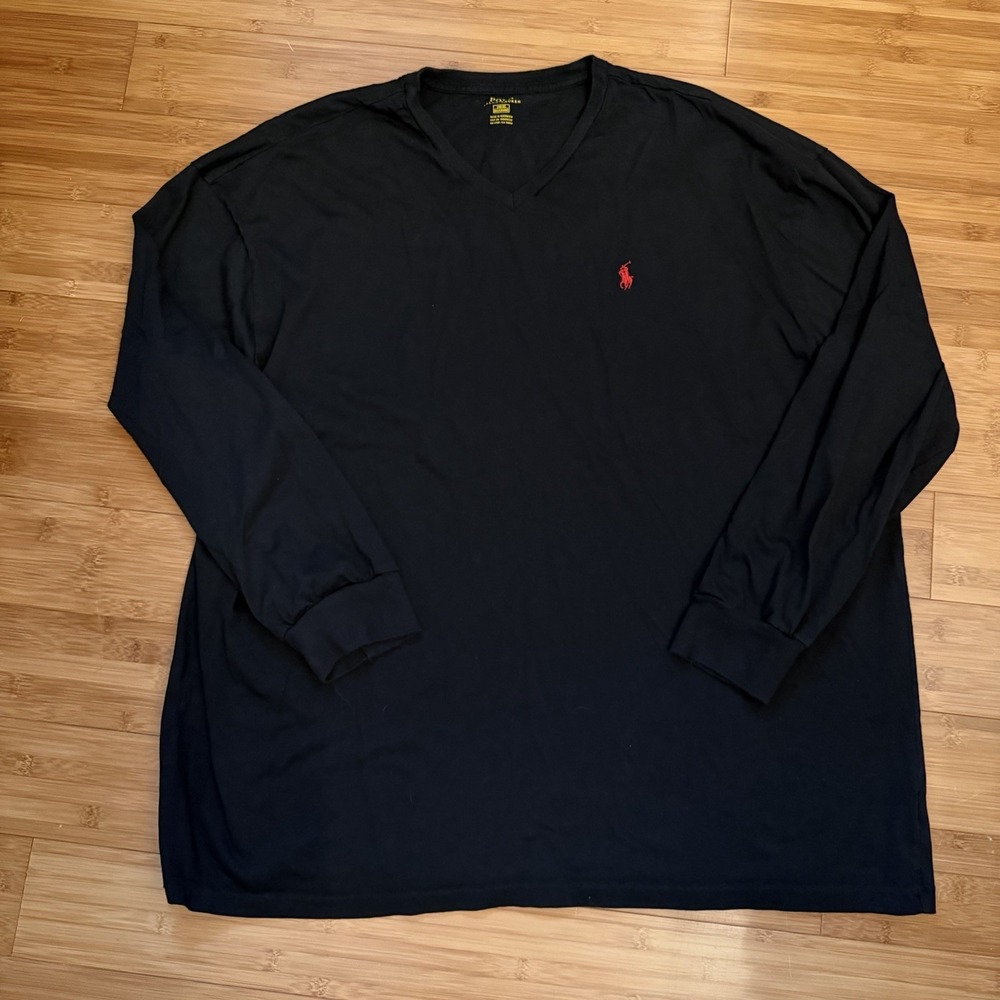 Polo Ralph Lauren Mens 2XB Big Black V Neck Long Sleeve T Shirt Red Pony Logo